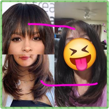 Salon Success Academy - Showed these 2 pictures - wanted thick bangs to cover scalp and layers to contour face - Cosmetology Schools Near Me - Riverside, California