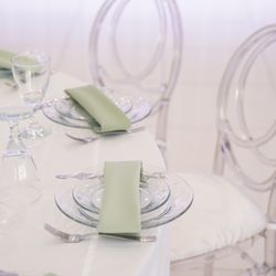 Pure Banquet Hall - Sophisticated table design with mint accents, clear glassware, and a clean, airy aesthetic -- perfect for intimate events.