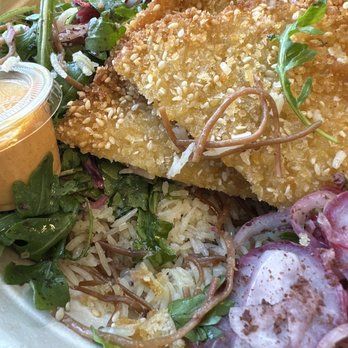 Yalla Motek - A closer view, with rice visible. Crispy chicken rice bowl with Turkish rice. - Middle Eastern Near Me - Aventura, Florida