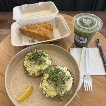 Surf Camp Coffee - Avo bagel + 'side' of egg salad on top, cheddar cheese scone, matcha strawberry latte. - Coffee & Tea Near Me - East Honolulu, Hawaii Surf Camp Coffee - Avo bagel + 'side' of egg salad on top, cheddar cheese scone, matcha strawberry latte. - Coffee & Tea Near Me - East Honolulu, Hawaii