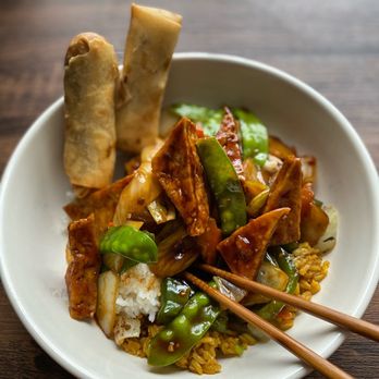 China Garden - Szechwan Tofu (vegan!) extra spicy with a side of veggie egg rolls. - Chinese Near Me - Richfield, Minnesota
