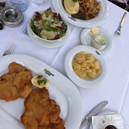 Wiener Schnitzel, Potato Salad, Angus Sirloin steak with roasted chanterelles in herb gravy Wiener Schnitzel, Potato Salad, Angus Sirloin steak with roasted chanterelles in herb gravy