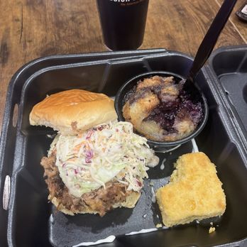 Mission BBQ - Pulled pork sandwich, blueberry cobbler, and cornbread. - Barbeque Near Me - Cranberry Township, Pennsylvania