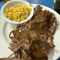 Regina’s Kitchen - Hot beef sandwich with mashed potatoes and gravy.