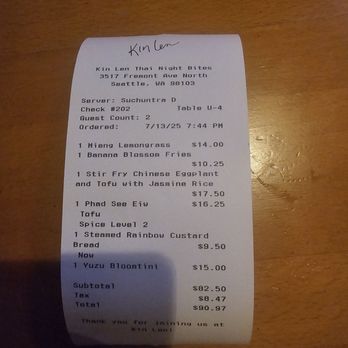 Kin Len Thai Night Bites - Receipt - Thai Near Me - Seattle, Washington Kin Len Thai Night Bites - Receipt - Thai Near Me - Seattle, Washington