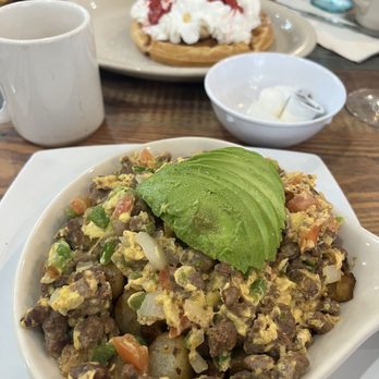 Brandon's Diner - Steak and egg skillet (no cheese for me) and the heavenly waffles - Breakfast & Brunch Near Me - Riverside, California