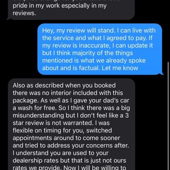 Apex Mobile Auto Detailing - Conversation once the review was posted - Auto Detailing Near Me Apex Mobile Auto Detailing - Conversation once the review was posted - Auto Detailing Near Me