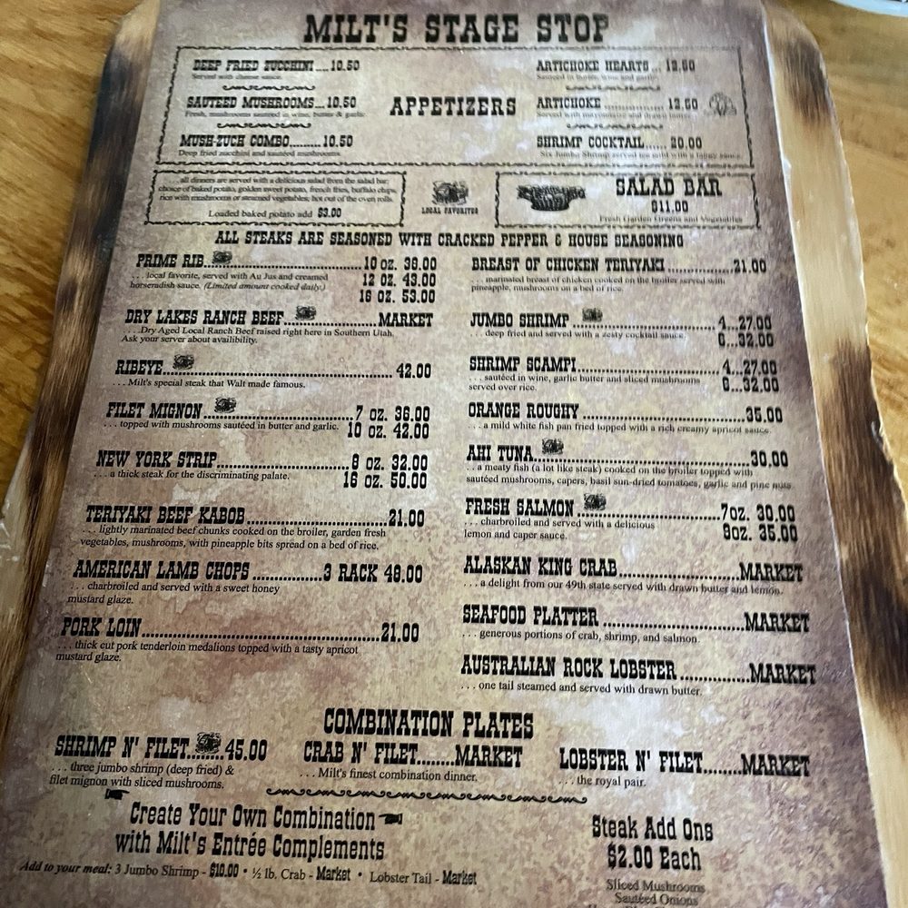 Milt's Stage Stop - The menu - Steakhouses Near Me - Cedar City, Utah Milt's Stage Stop - The menu - Steakhouses Near Me - Cedar City, Utah