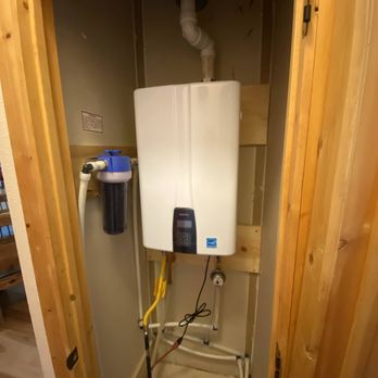 Rowehawk Mechanical Plumbing and Heating - New tankless WH with sediment filter on the left. - Plumbing Near Me Rowehawk Mechanical Plumbing and Heating - New tankless WH with sediment filter on the left. - Plumbing Near Me