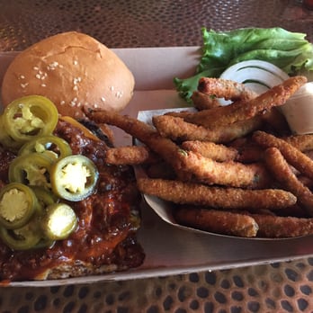 Twisted Root Burger - Custom with Chili, Jalopenos, Cheddar Cheese, & a fried egg with a side of fried green beans - Burgers Near Me - Dallas, Texas Twisted Root Burger - Custom with Chili, Jalopenos, Cheddar Cheese, & a fried egg with a side of fried green beans - Burgers Near Me - Dallas, Texas