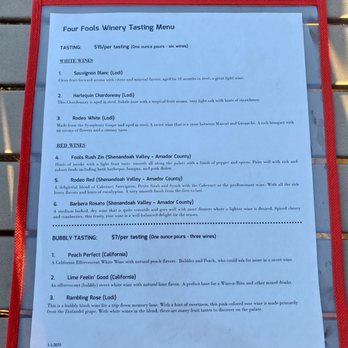 Four Fools Winery - Tasting menu - Wineries Near Me - Rodeo, California
