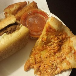 Pizza Boy - Pizza (partially eaten, lol), cheesesteak, and mozzarella sticks.
