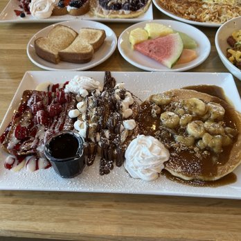 Scrambled - The Mix & Match. Banana Crunch Pancake, Campfire French Toast, Raspberry and Chocolate French Toast. All are stars of the show - Breakfast & Brunch Near Me - Henderson, Nevada Scrambled - The Mix & Match. Banana Crunch Pancake, Campfire French Toast, Raspberry and Chocolate French Toast. All are stars of the show - Breakfast & Brunch Near Me - Henderson, Nevada