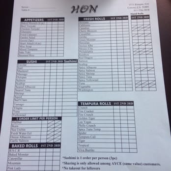 Hon Sushi - AYCE menu options! Great variety - Sushi Bars Near Me - Corona, California