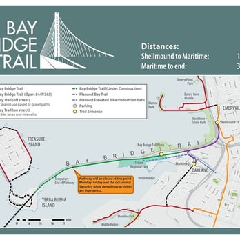 Bicycle and Pedestrian Path - Bay Bridge - Emeryville entrance to Bay Bridge pedestrian/bicycle path. Note that the total distance is 4.9 miles each way, or 9.8 miles roundtrip. - Local Flavor Near Me - Oakland, California