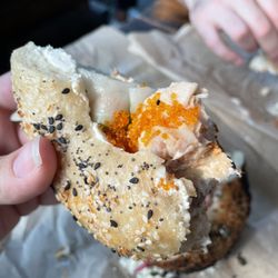 Black Cod sandwich on everything bagel