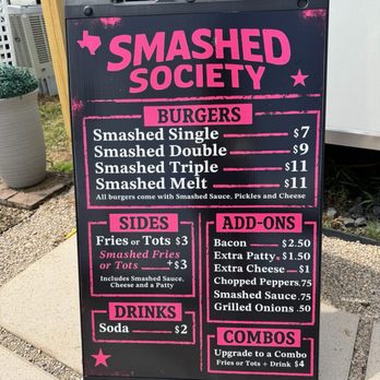 Smashed Society - Menu July 2025 - Food Trucks Near Me - Montgomery, Texas Smashed Society - Menu July 2025 - Food Trucks Near Me - Montgomery, Texas
