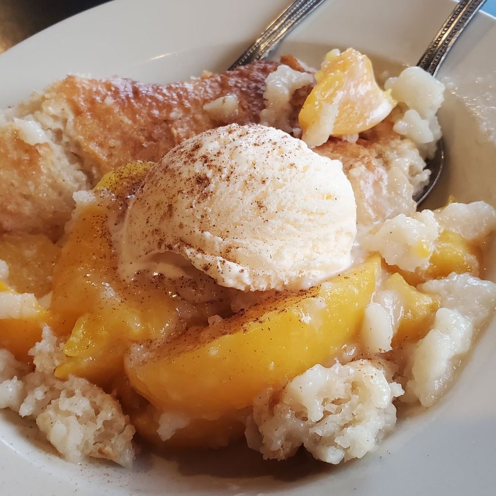 Brother's - Peach cobbler with ice cream. - American Near Me - Young Harris, Georgia Brother's - Peach cobbler with ice cream. - American Near Me - Young Harris, Georgia