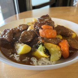 Pilot house - Beef stew, veggies and rice on a cold, rainy day