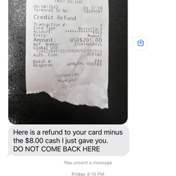 The owner sent me this text. Rude and racist. The owner sent me this text. Rude and racist.