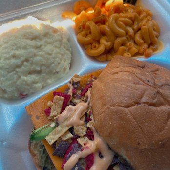 Houston Sauce Pit - Flame Broiler Burger with 2 Sides Mac n Cheeze Potato Salad - Vegan Near Me - Houston, Texas Houston Sauce Pit - Flame Broiler Burger with 2 Sides Mac n Cheeze Potato Salad - Vegan Near Me - Houston, Texas