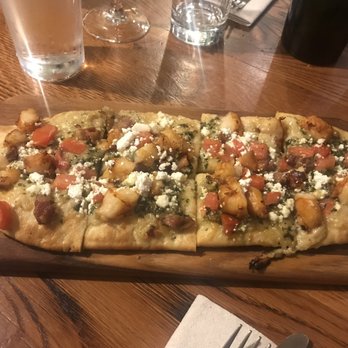 Cork and Table - Shrimp, Bacon and Goat Cheese Flatbread.   OMG So good - Wine Bars Near Me - Fredericksburg, Virginia