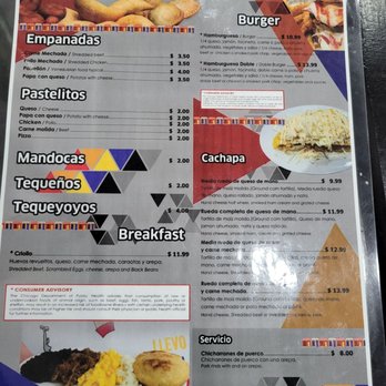 Sabe a zulia - The menu from Sabe a Zulia restaurant in Chicago includes sections for empanadas, pastelitos, mandocas, tequeños, breakfast, and various burgers and sandwiches. It features items like shredded beef empanadas, Venezuelan pastelitos, cheese mandocas, and breakfast dishes with prices. The burger options include a hamburger and double burger, with detailed descriptions of ingredients. The menu also lists cheese-based dishes like cachapa and cheese-filled arepas, along with a pork dish and a service section for pork rinds with arepa. - Venezuelan Near Me - Chicago, Illinois