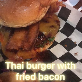 Pouring Glory - Fried Bacon Thai Burger. The strips are even longer than in this picture. Couldn't help myself as soon as it came out. - Beer Bar Near Me - Fort Worth, Texas