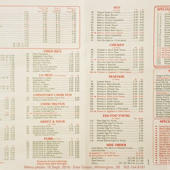 Evergreen Restaurant - Menu - Chinese Near Me - Wilmington, Delaware