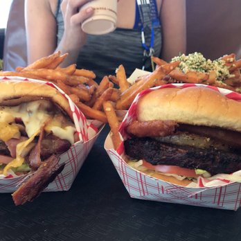 Red's Burgers - Maui black bean burger on the right and red's number one on the left! - Burgers Near Me - Seward, Alaska Red's Burgers - Maui black bean burger on the right and red's number one on the left! - Burgers Near Me - Seward, Alaska