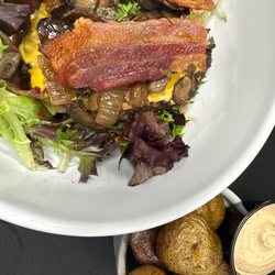 Calamity Jane burger "in a bowl" with a side of potatoes and chipotle dipping sauce