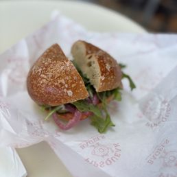 Gladstone Green sandwich on a salt bagel Gladstone Green sandwich on a salt bagel