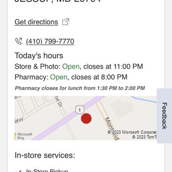 CVS Pharmacy - States Pharmacy Open til 8:00PM: On Thur, four days ago attempted to confirm phar would be open til 8 on Mon. - Drugstores Near Me - Jessup, Maryland