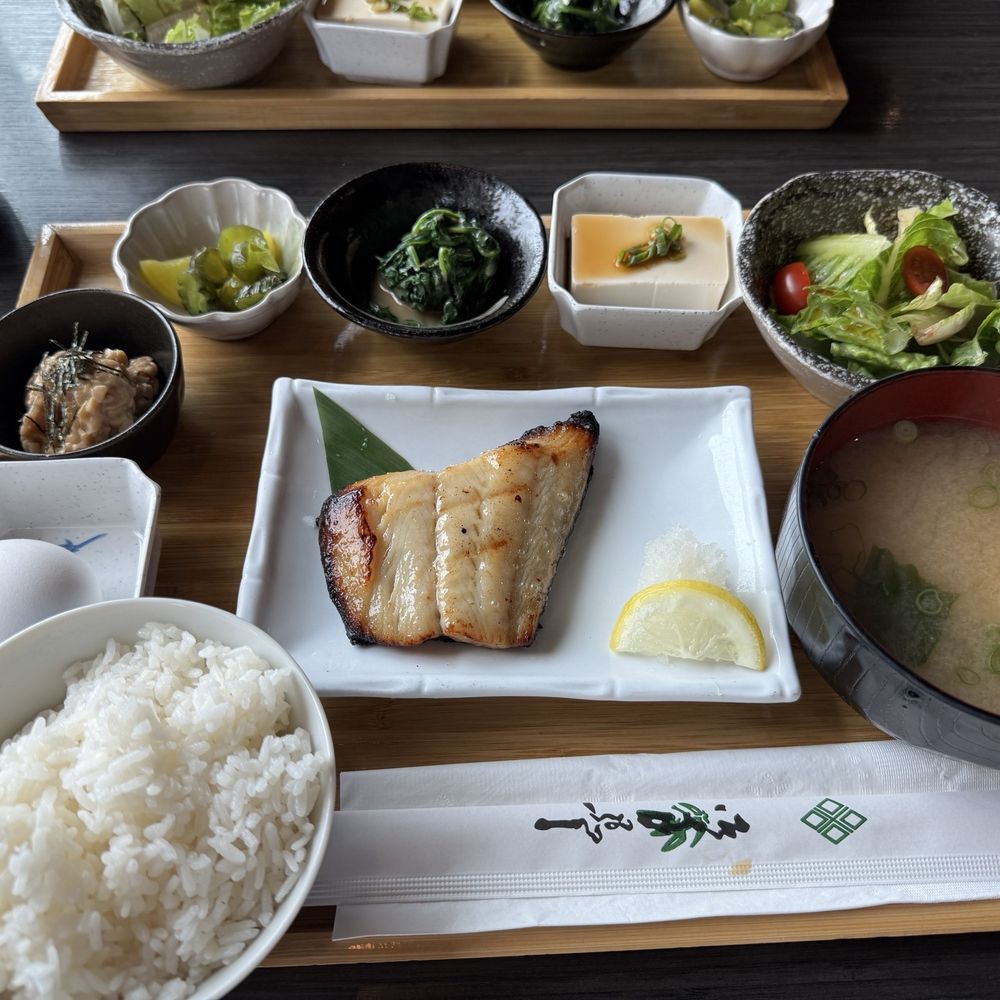 Miso cod breakfast with a side of natto. Miso cod breakfast with a side of natto.