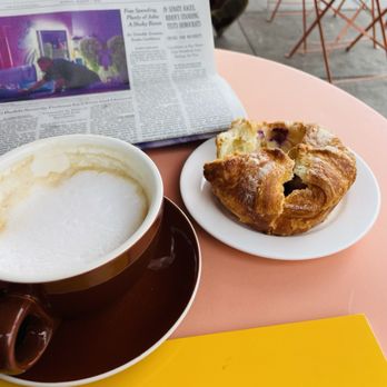 Le Cafe du Soleil - Cappuccino, kouign amann, newspaper, outdoor table - Coffee & Tea Near Me - San Francisco, California