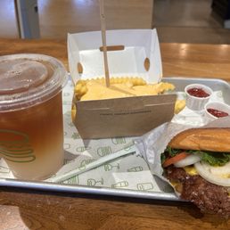 Double shack, cheese fries, and half and half