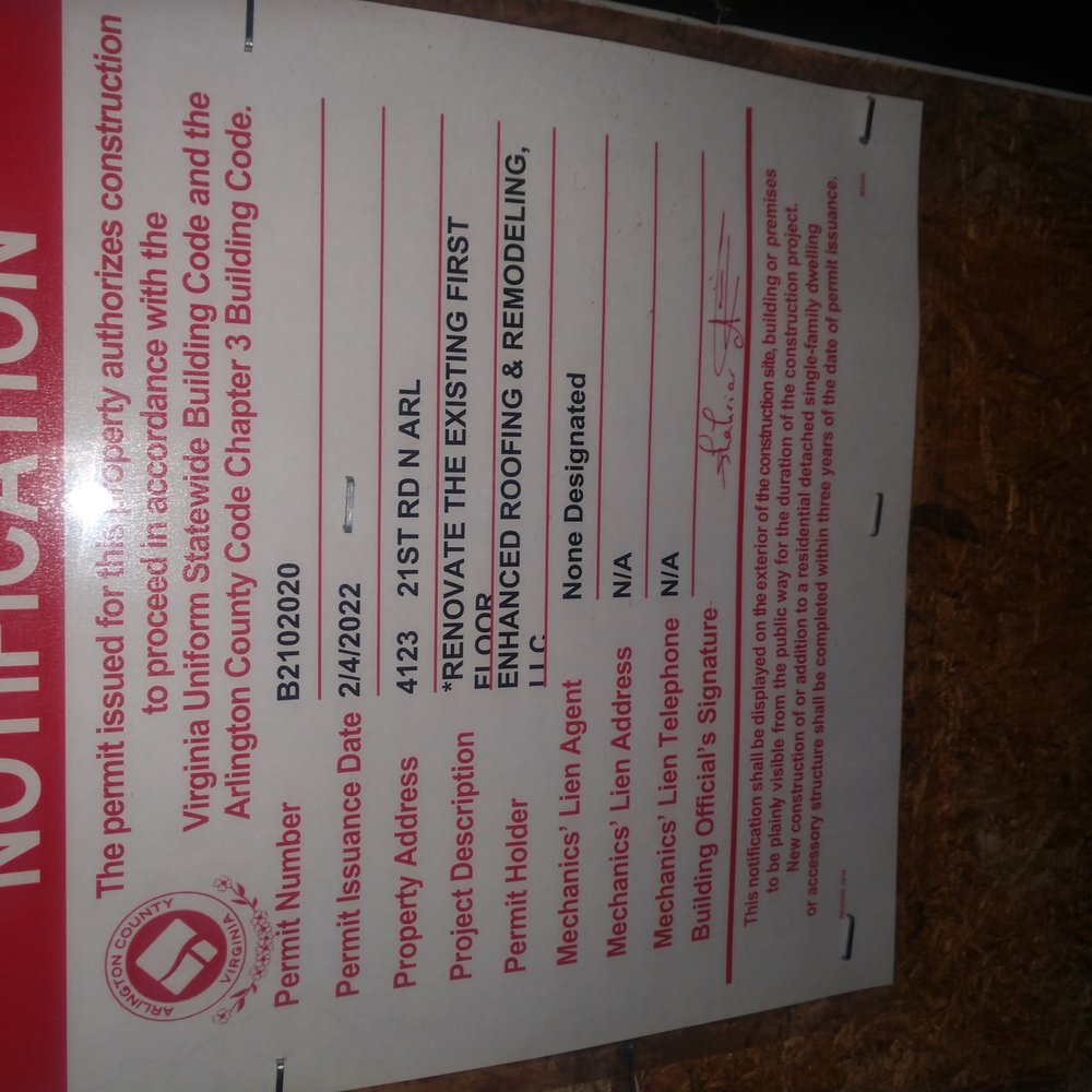 Permit pulled by Enhance Roofing and Remodeling in February to work on the house next door to us. Permit pulled by Enhance Roofing and Remodeling in February to work on the house next door to us.