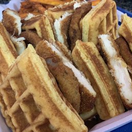 Chicken and waffle sandwich. Chicken and waffle sandwich.