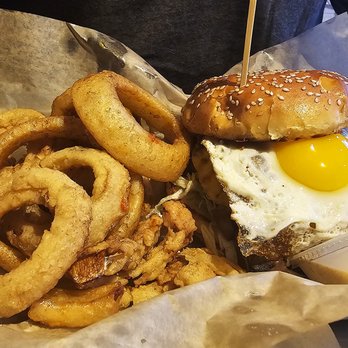 Bagger Dave's - Train Wreck w/ Onion Rings - Burgers Near Me - Centerville, Ohio