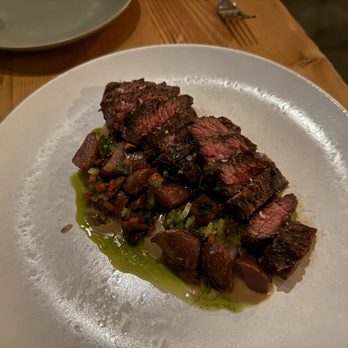 Emmer & Rye - Texas Akaushi Wagyu with beef fat fingerling potatoes, masa butter and chimichurri - Tapas/Small Plates Near Me - Austin, Texas Emmer & Rye - Texas Akaushi Wagyu with beef fat fingerling potatoes, masa butter and chimichurri - Tapas/Small Plates Near Me - Austin, Texas