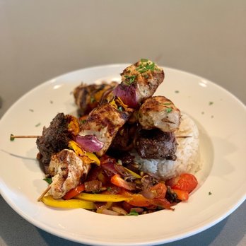 Cafe Adel - Skewers with rice and veggies - Mediterranean Near Me - Houston, Texas