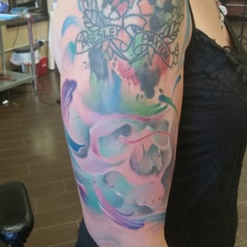 Dedicated Tattoo - Watercolor skull by Stacey Walker ( bottom half of arm) - Tattoo Near Me - Temecula, California Dedicated Tattoo - Watercolor skull by Stacey Walker ( bottom half of arm) - Tattoo Near Me - Temecula, California