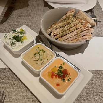 Kyma - Pikilia - Tzatziki, Scordalia, & Spicy Feta - Greek Near Me - New York, New York Kyma - Pikilia - Tzatziki, Scordalia, & Spicy Feta - Greek Near Me - New York, New York