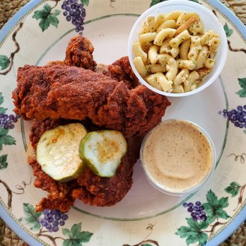Crossroad Hot Chicken  - 3 strip basket (medium heat) with mac salad and additional white BBQ sauce - Hot & tasty! - Chicken Shop Near Me - Tampa, Florida