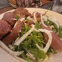 Turquoise salad with beef kabob