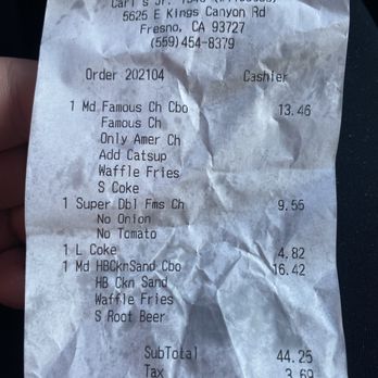 Carl's Jr - The receipt that shows an extremely overpriced chicken Sandwich and proof I did, sadly, pay - Fast Food Near Me - Fresno, California Carl's Jr - The receipt that shows an extremely overpriced chicken Sandwich and proof I did, sadly, pay - Fast Food Near Me - Fresno, California