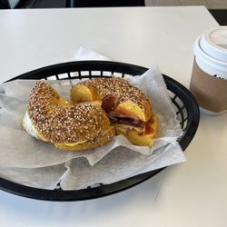 All Star Bagels - Egg everything Bacon, Egg and Cheese Sandwich and a coffee