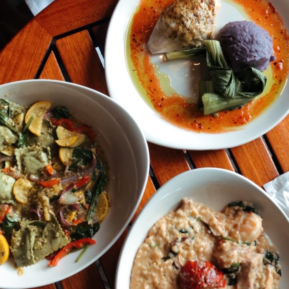 Keoki's Paradise - Top: Keoki 's Style Fish (swordfish) Left: Wild Mushroom & Spinach Ravioli Bottom: Seafood Risotto - Seafood Near Me - Koloa, Hawaii Keoki's Paradise - Top: Keoki 's Style Fish (swordfish) Left: Wild Mushroom & Spinach Ravioli Bottom: Seafood Risotto - Seafood Near Me - Koloa, Hawaii