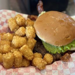 a hamburger and tater tots