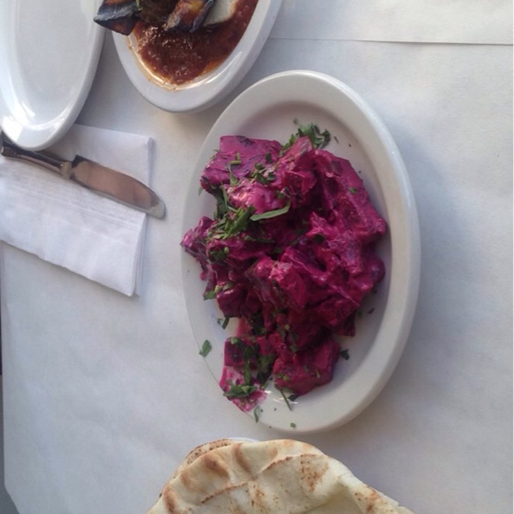 Cafe Munir - The beets in yogurt, grilled eggplant with cheese in tomato sauce, and bread! Delicious! - Lebanese Near Me - Seattle, Washington Cafe Munir - The beets in yogurt, grilled eggplant with cheese in tomato sauce, and bread! Delicious! - Lebanese Near Me - Seattle, Washington